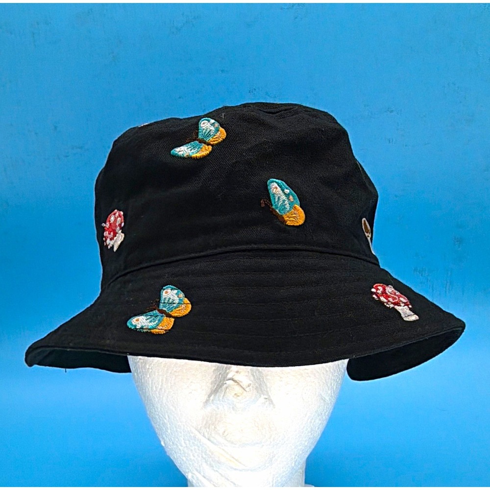 Women's Black Bucket Hat Embroidered Mushrooms & Butterflies 100% Cotton OSFA